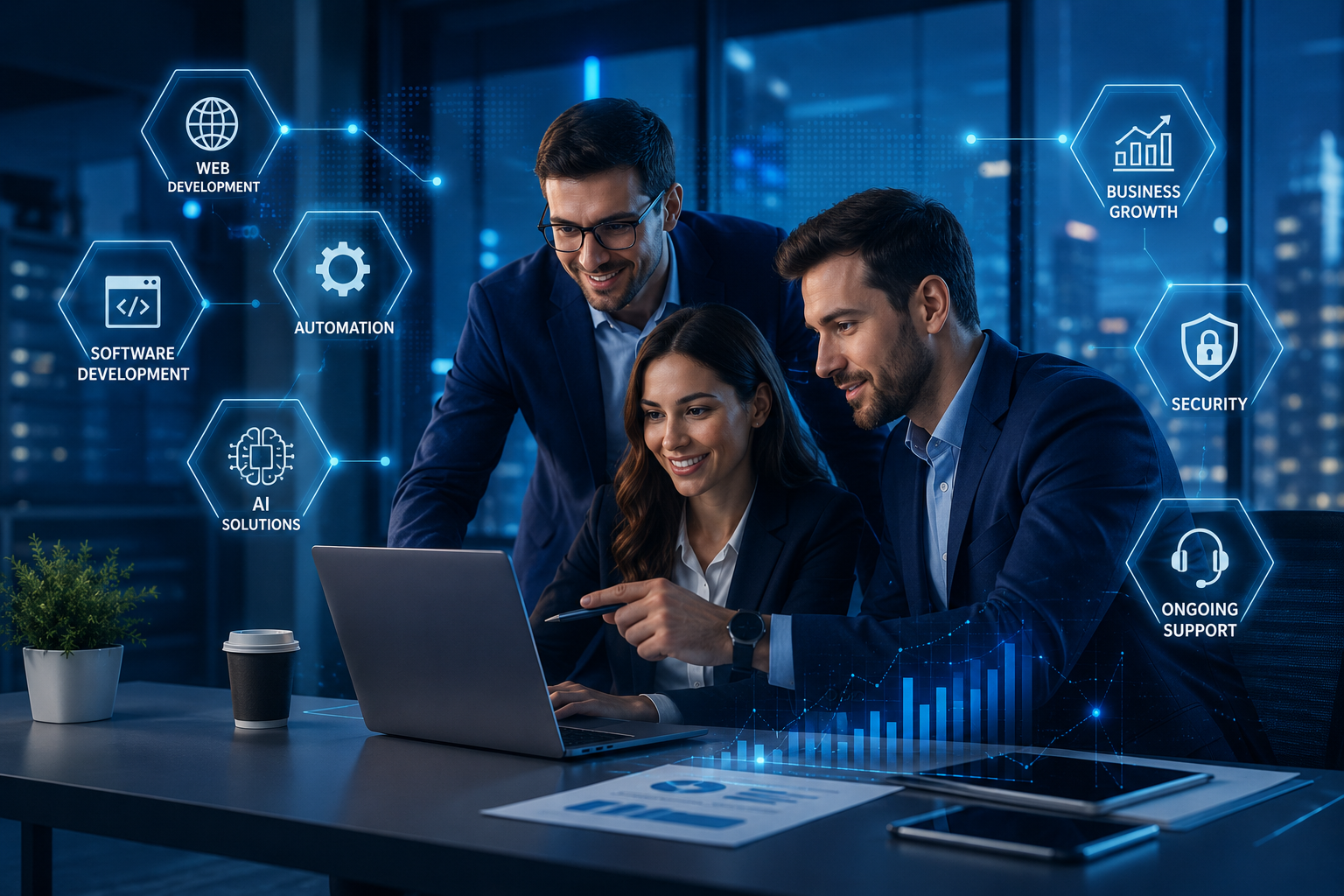 A professional team using digital technology to plan web development, software development, automation, AI solutions, security, and business growth services by Inflix.